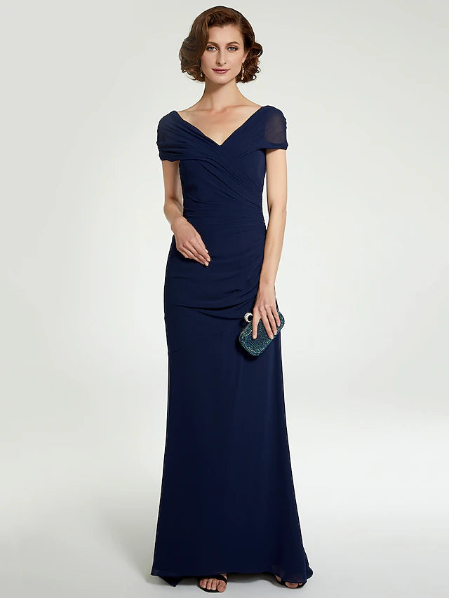 Front view of a V-neck chiffon lace Mother of the Bride dress.