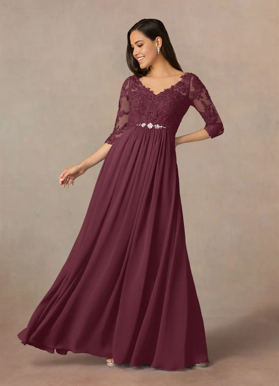 Elegant A-Line V-Neck Lace Chiffon formal gown for Mother of the Bride.