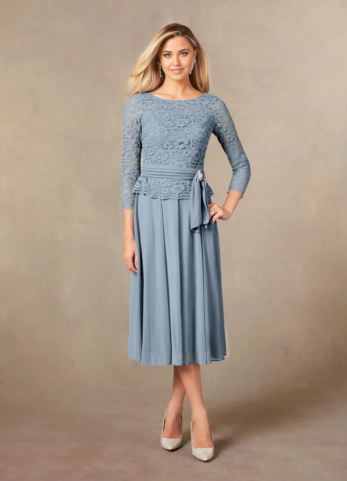 Elegant A-line V-neck lace dress in dusty blue, front view.