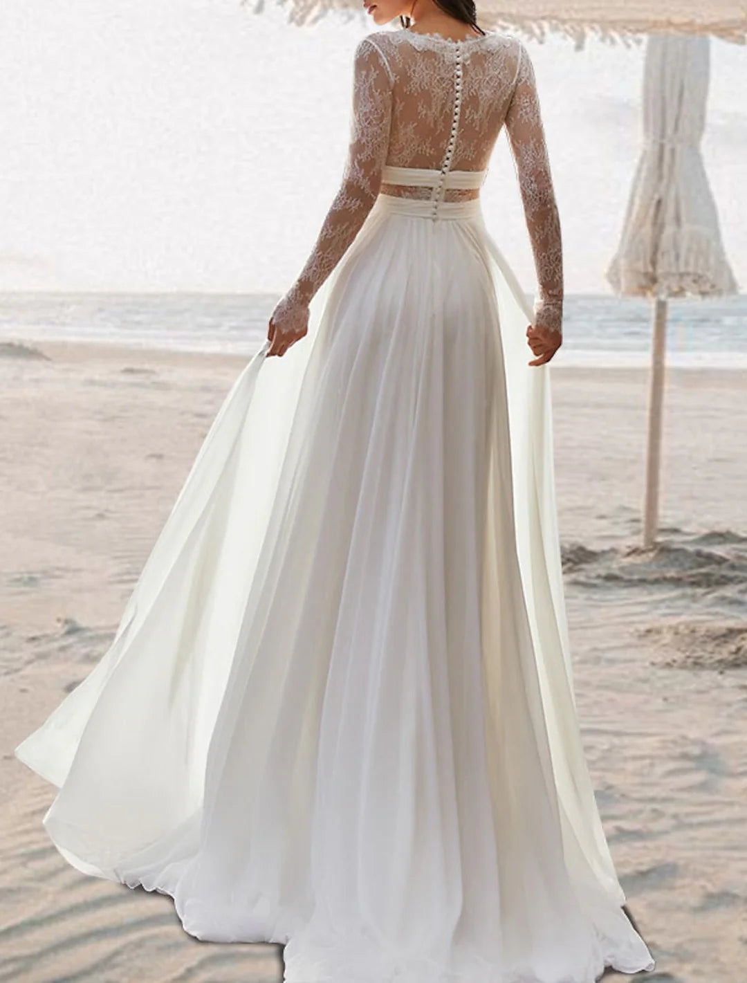 Close-up of delicate lace detail on an A-line wedding dress.