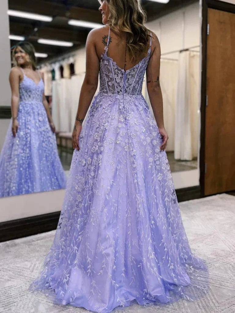 Close-up of the intricate lace and floral details on the bodice of the A-line V-neck prom dress.