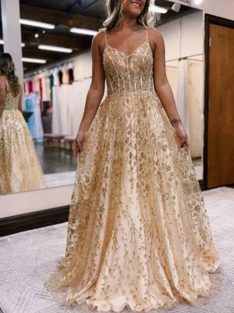 Back view of the A-line V-neck lace floral long prom dress, showcasing the flowing skirt.