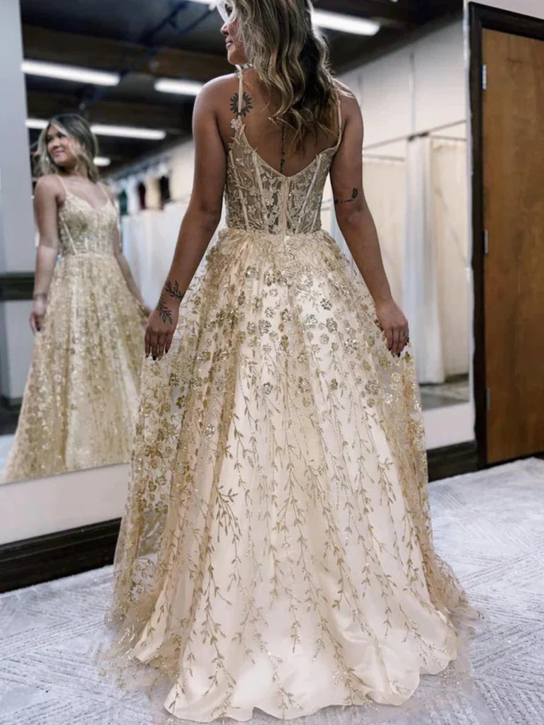 Side profile of the model in the A-line V-neck lace floral long prom dress, highlighting the silhouette.