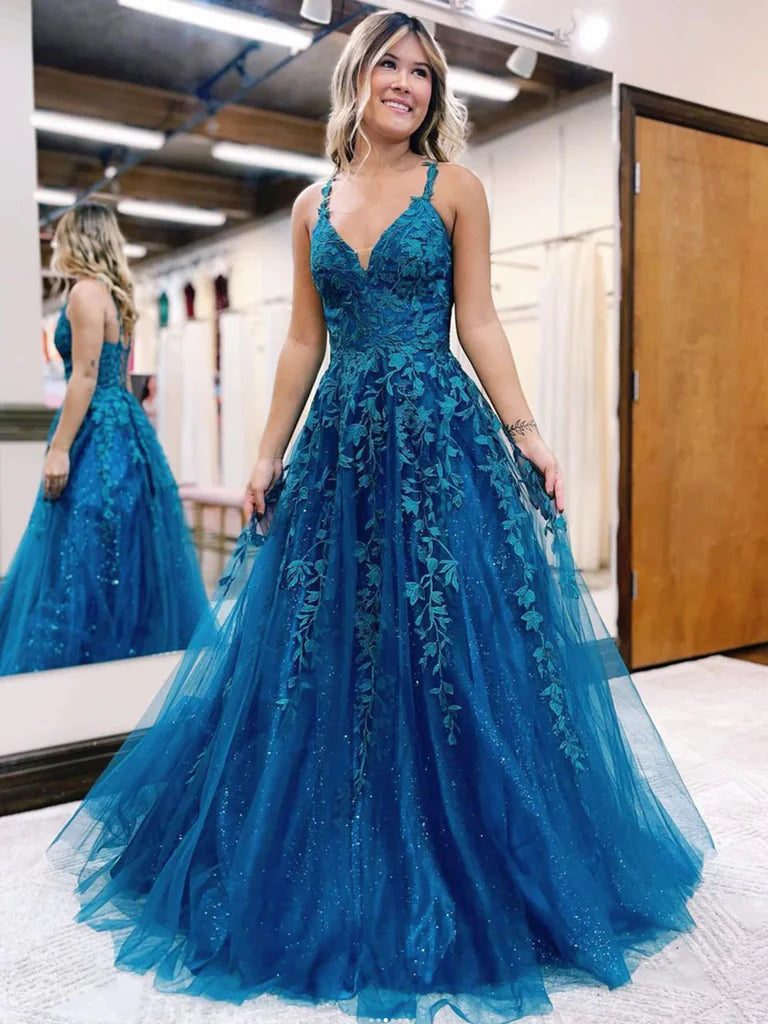 Elegant A-line V-neck lace long prom gown.