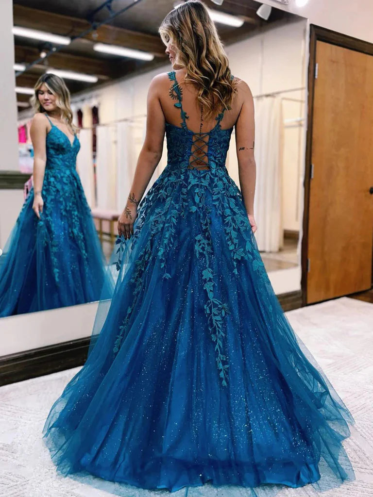 Intricate lace detail on the A-line V-neck prom dress.