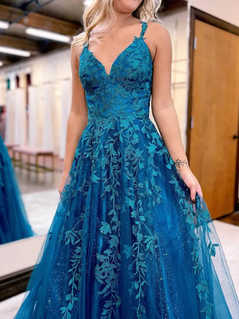 Back view of the elegant A-line V-neck lace long prom dress.