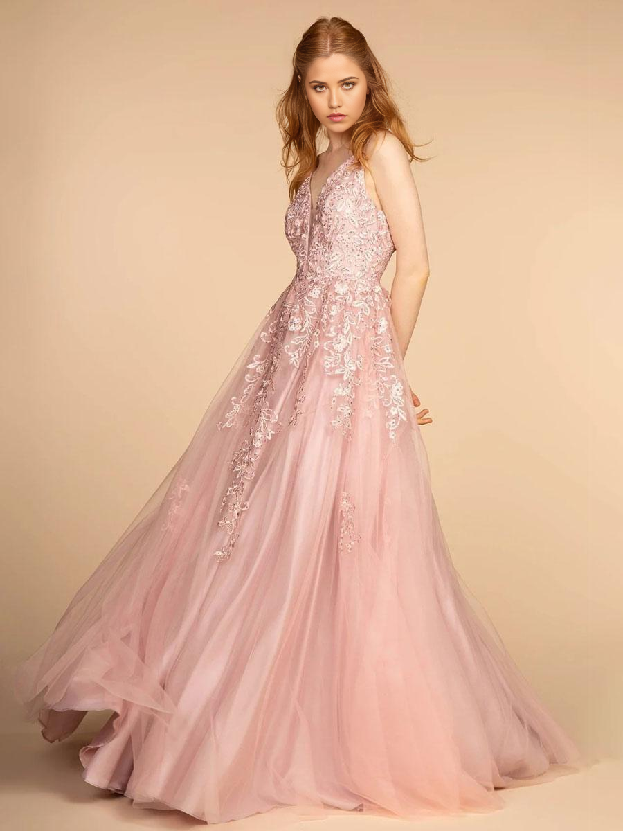 Full-length view of an elegant A-line V-neck lace formal dress.
