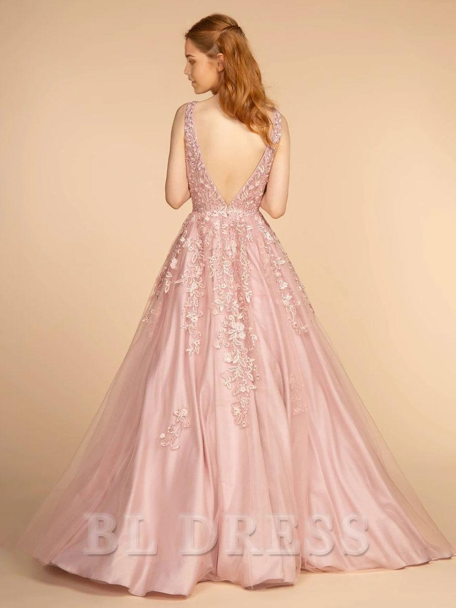 Side view of the A-line V-neck lace formal dress.