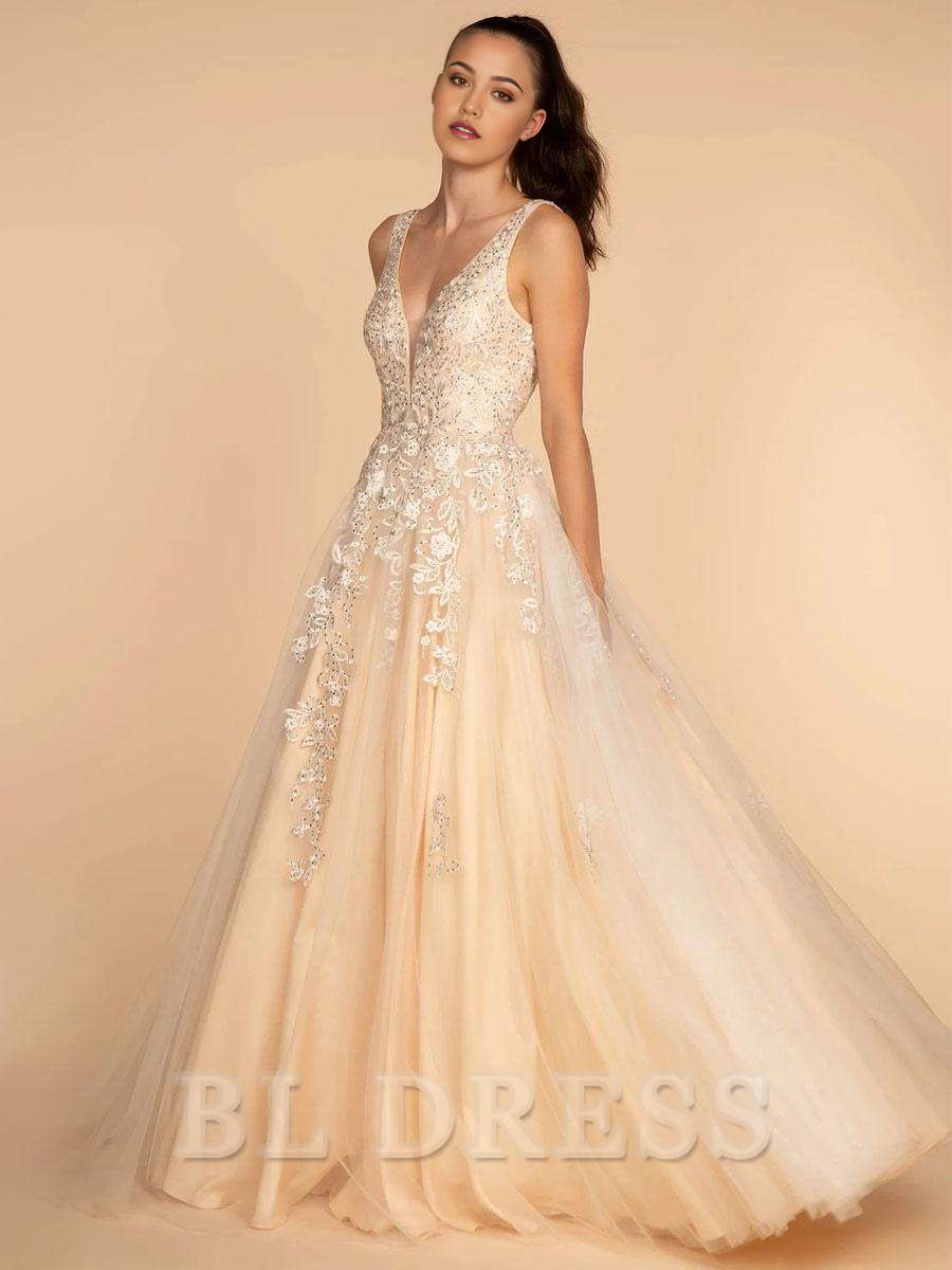 Back view of the A-line V-neck lace formal dress, showcasing lace detail.