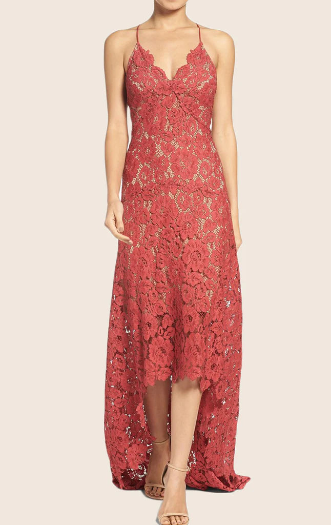 Elegant A-line high-low prom dress with spaghetti straps and lace details.