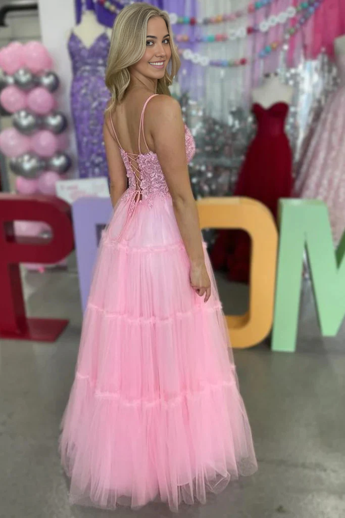 Side view of A-line V-neck lace long prom dress.