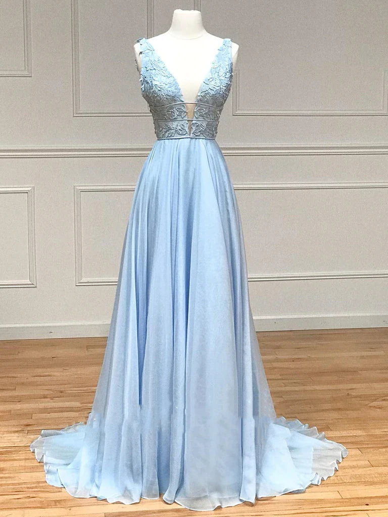 Elegant A-line V-neck lace long formal prom gown.