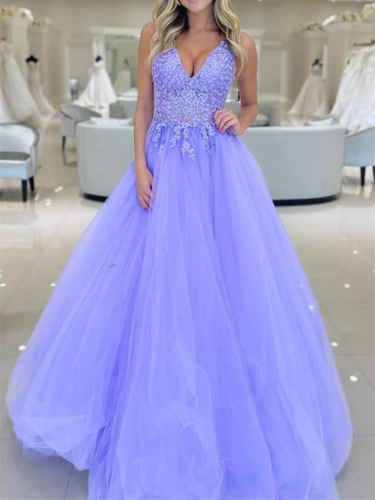 Elegant A-line V-neck long prom dress with delicate lace details.