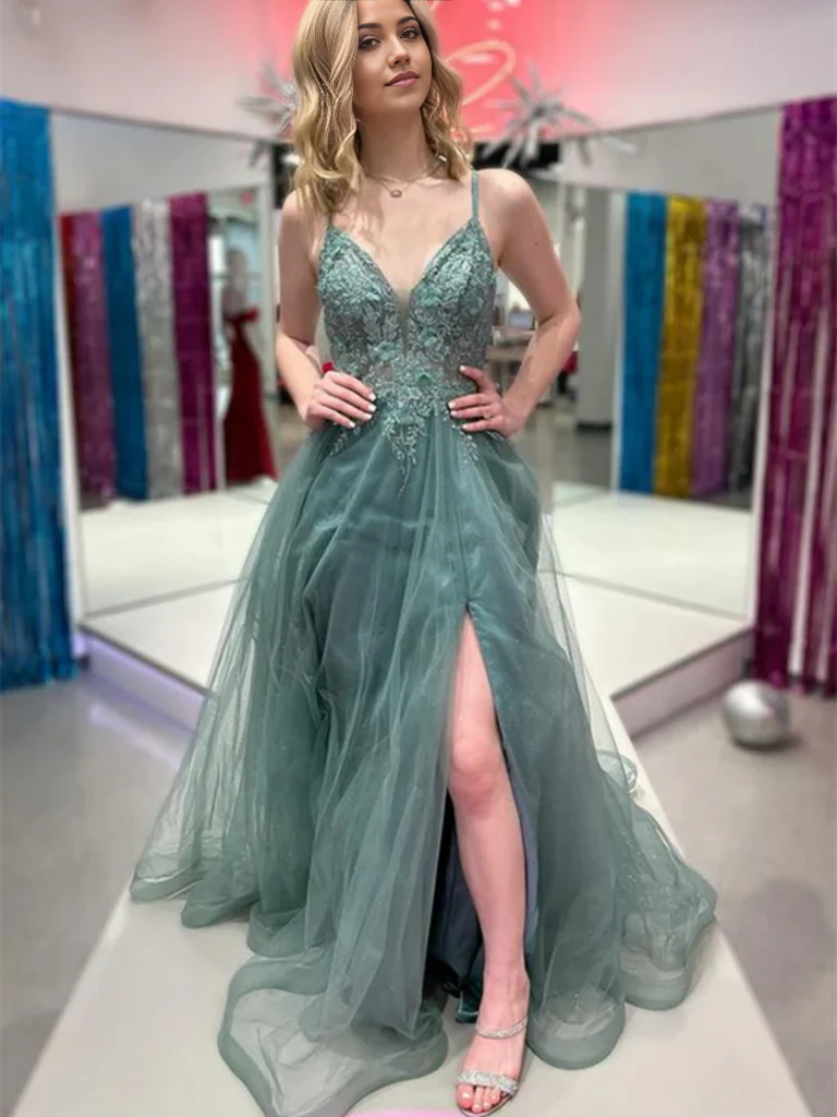 A-line V-neck lace long prom dress with a high slit.