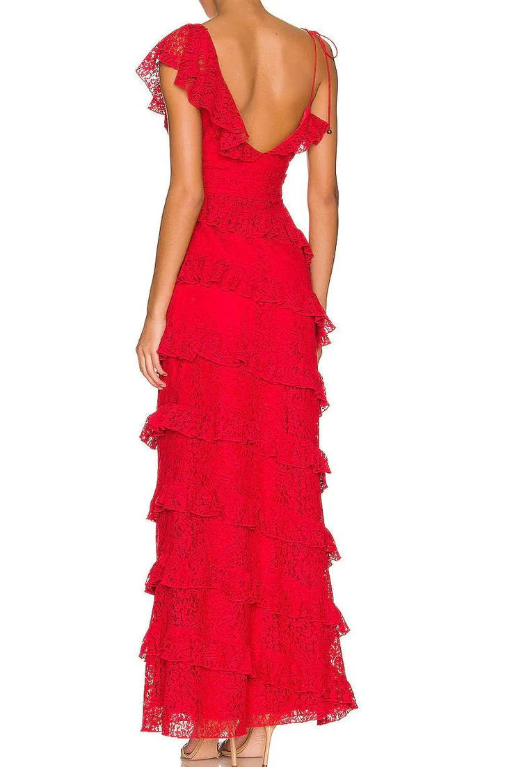 Elegant A-line V-neck lace long dress detail.