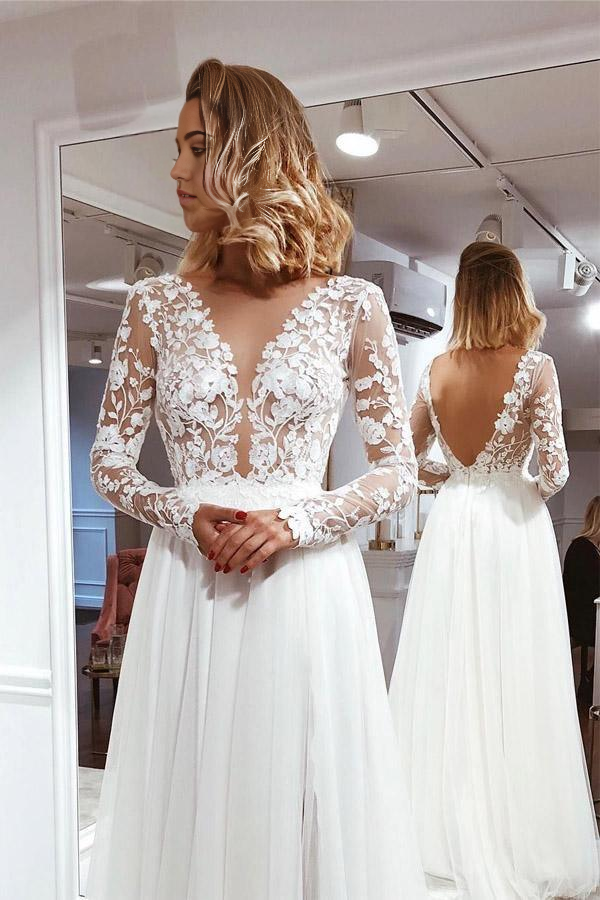Ivory A-line wedding dress with V-neck, lace long sleeves, and a front split.