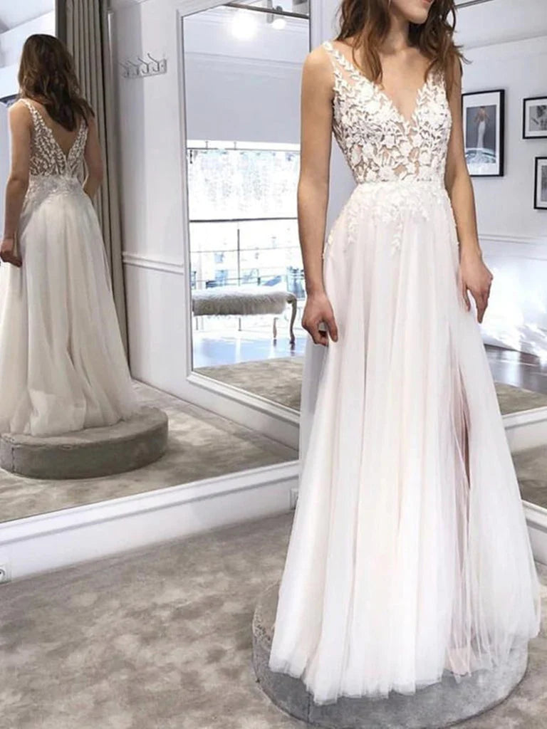 Elegant A-line V-neck lace wedding dress.