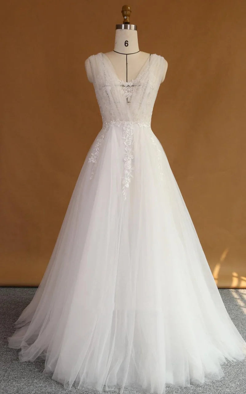 Elegant A-Line V-Neck Lace Satin Dress with delicate straps and appliques.