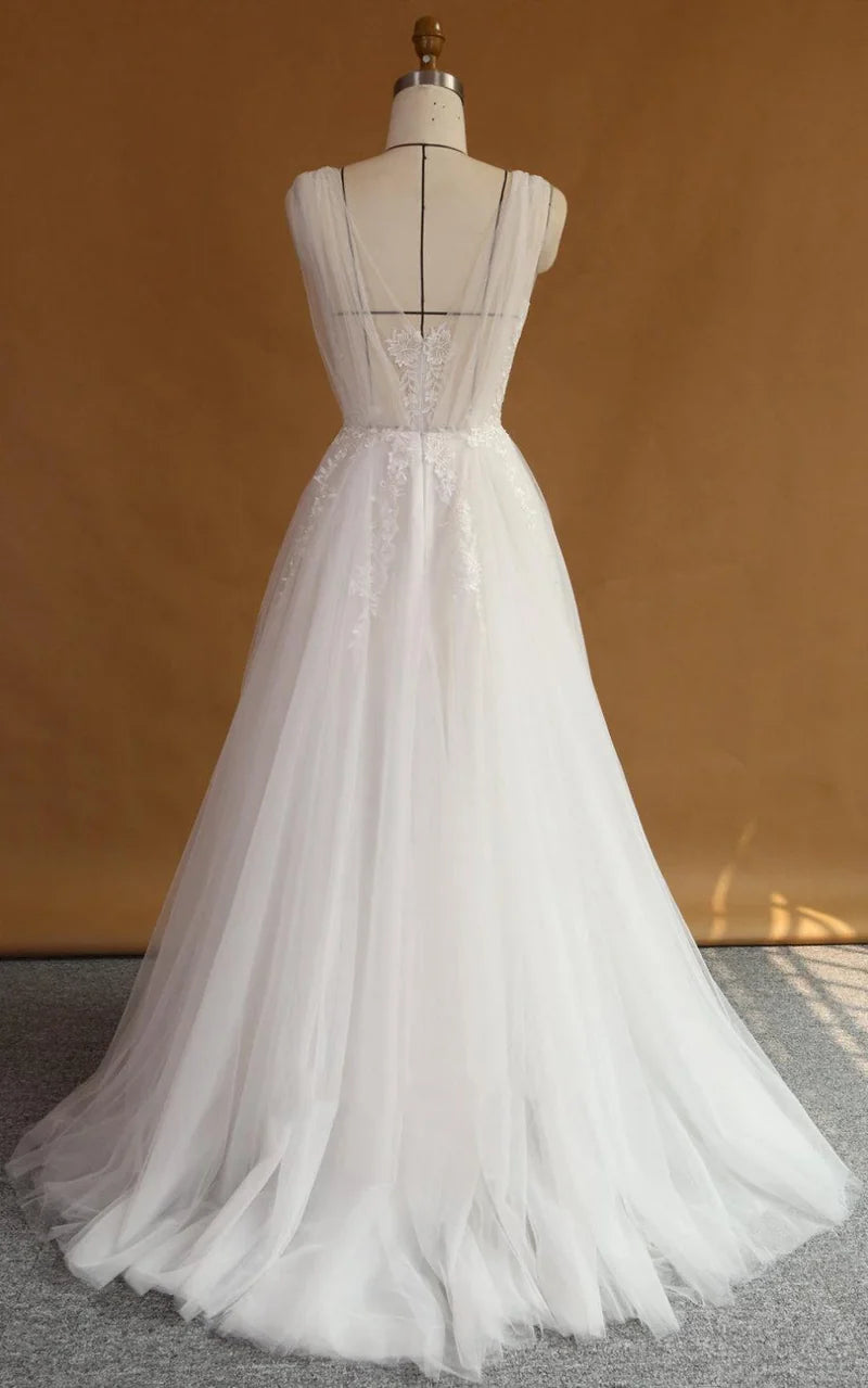 Back view of A-Line V-Neck Lace Satin Dress showing low V-back.