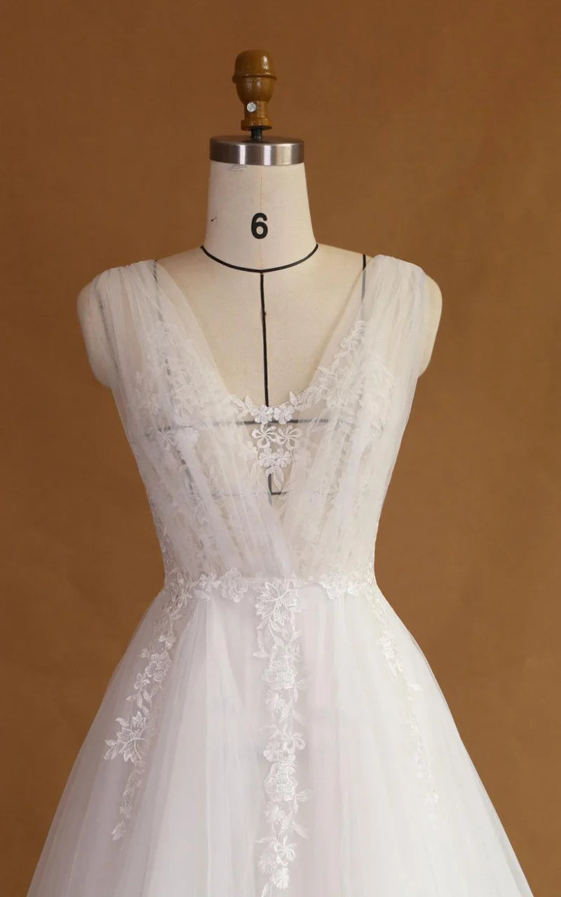 Side view of A-Line V-Neck Lace Satin Dress with flowing skirt.