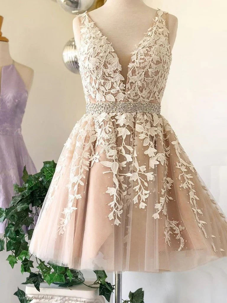 Elegant A-Line V-Neck short lace dress for prom or homecoming.