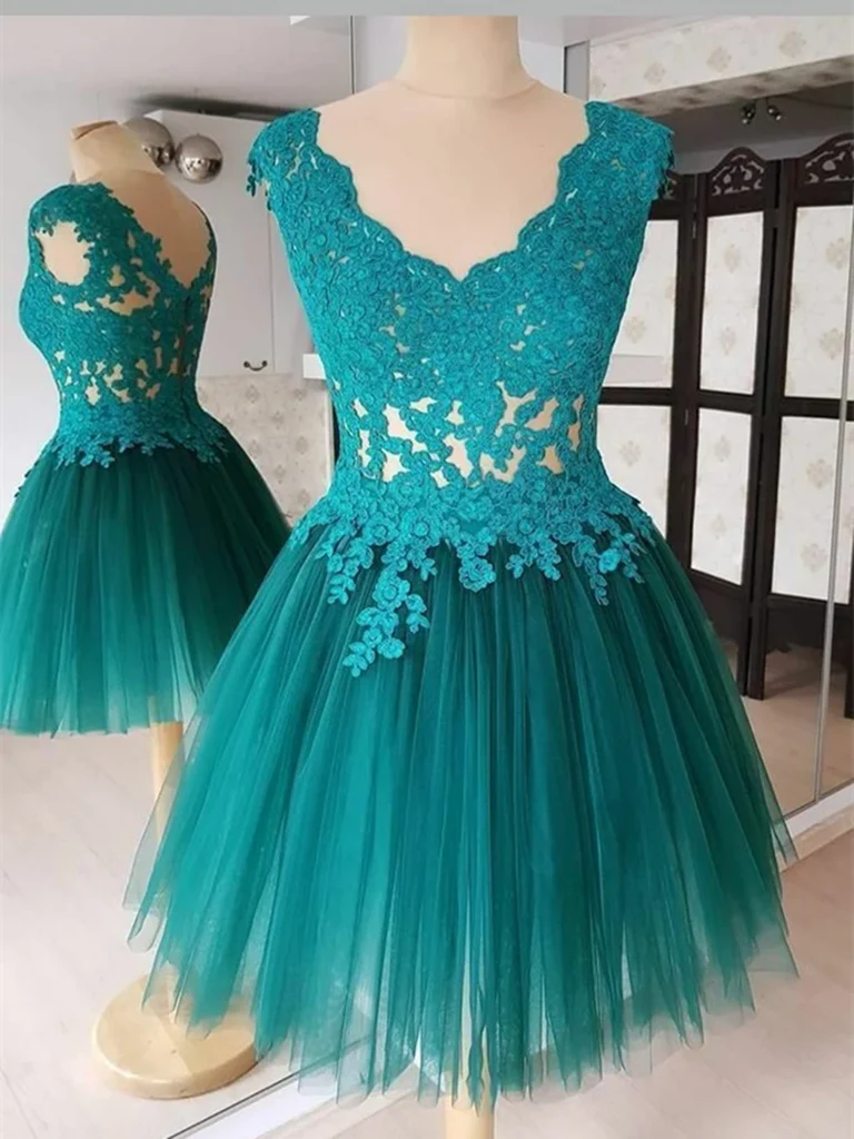 Model wearing an elegant A-line V-neck short lace dress, perfect for prom or homecoming.