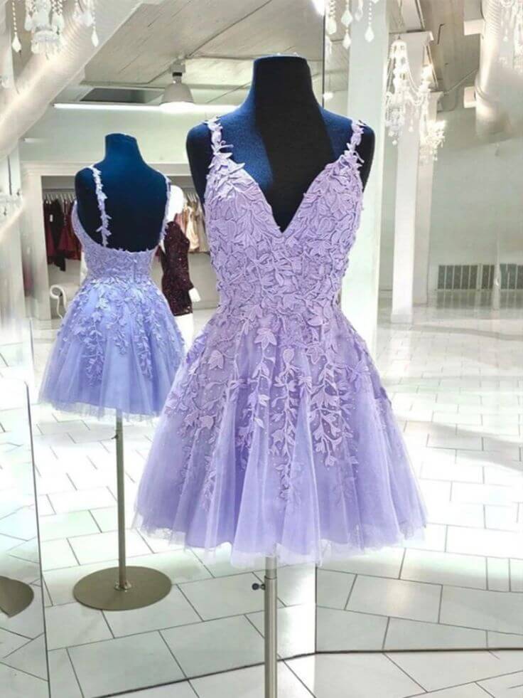 Purple A-line V-neck lace short dress for homecoming.