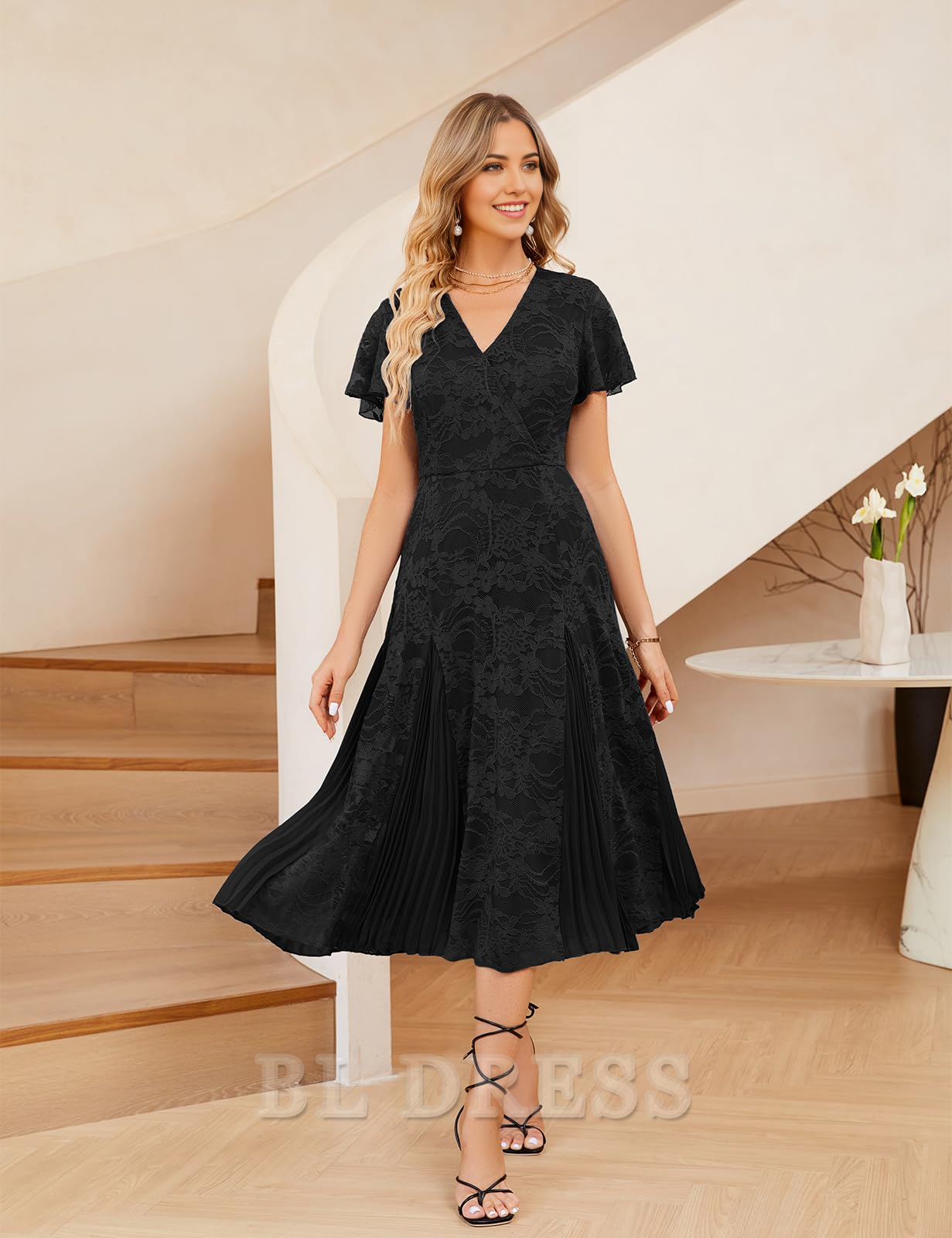 Side view of an A-line V-neck lace short sleeve pleated formal maxi dress.