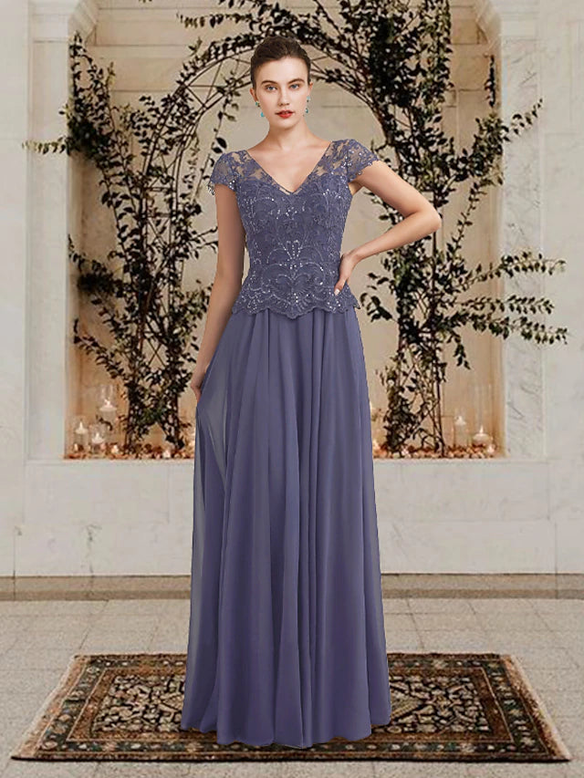 Elegant A-line V-neck mother of the bride dress with short sleeves and lace appliques.