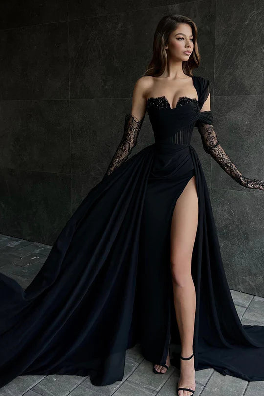 Elegant A-line prom dress with V-neck, lace sleeves, beading, and a high slit.
