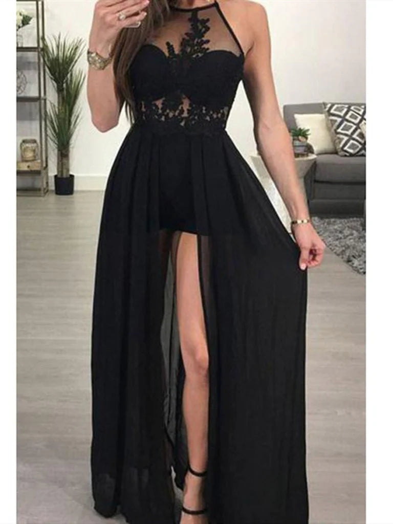 Elegant A-line V-neck lace dress for formal occasions.