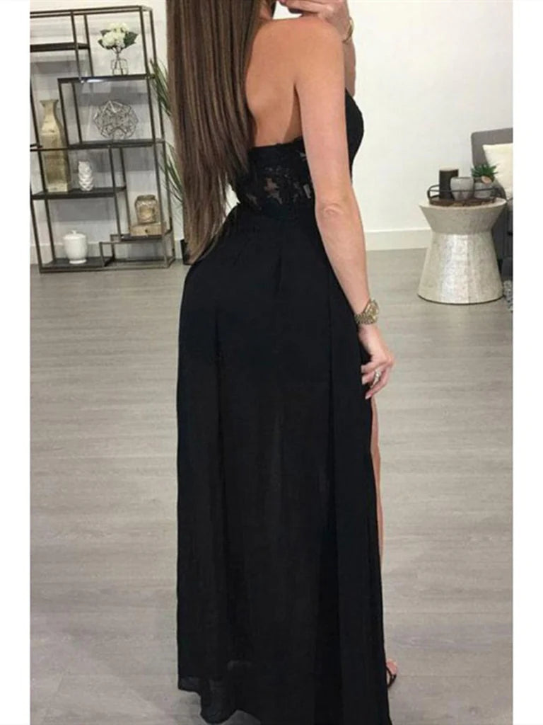 A-line V-neck lace dress with flowing skirt.