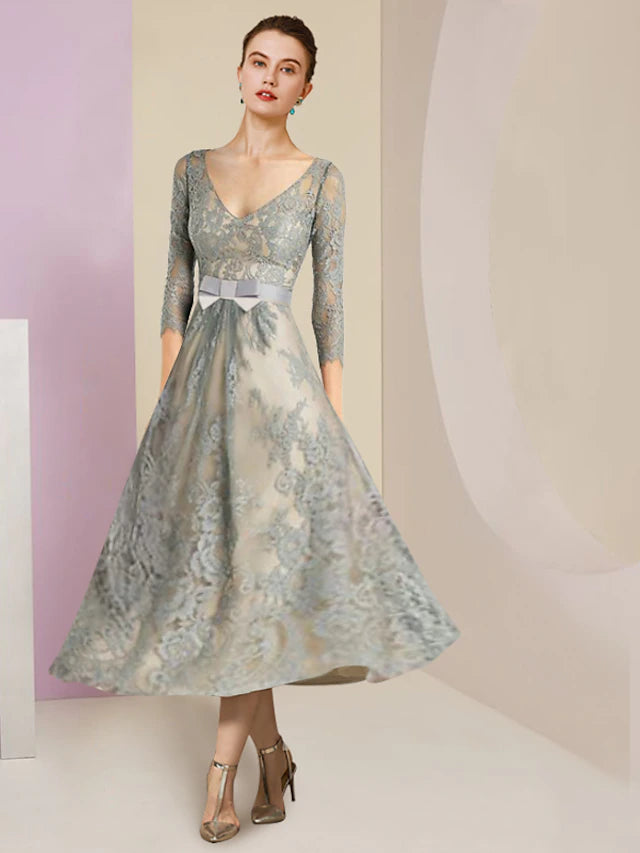 Elegant A-Line V-Neck Lace Tea Length Mother of the Bride Dress.