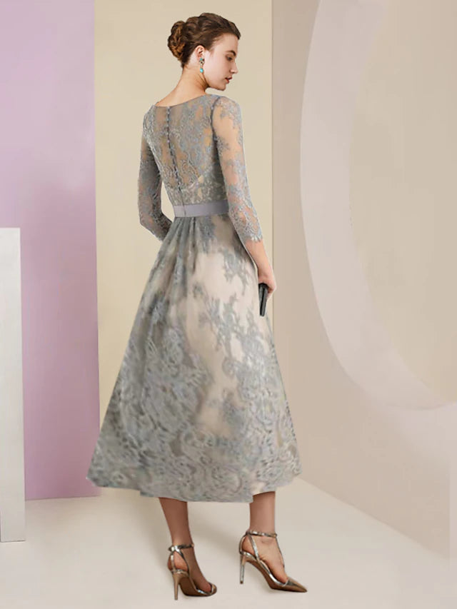 Elegant A-Line V-Neck Lace Tea Length Mother of the Bride Dress with bow accents.