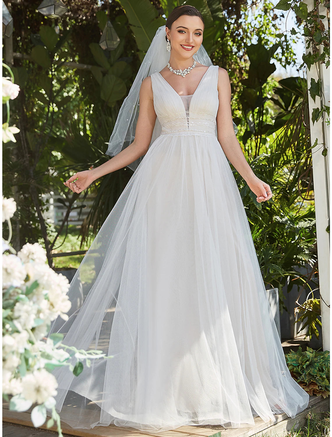 Front view of A-Line V-neck lace tulle beach wedding dress.