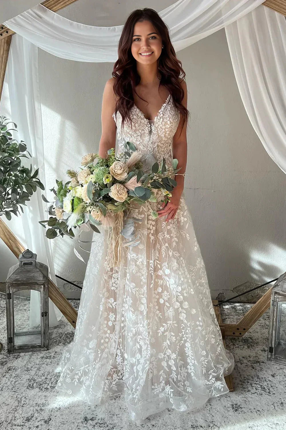 Elegant A-Line V-Neck lace and tulle boho wedding dress.