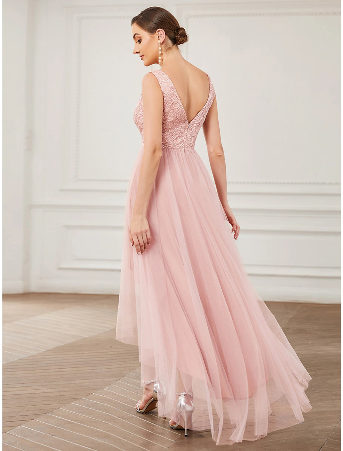 Back view of the A-Line mini bridesmaid dress with elegant silhouette.