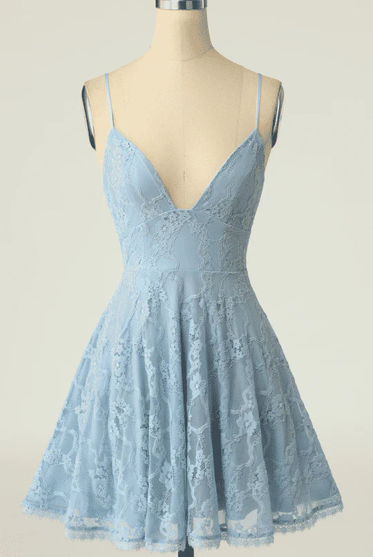 A-line V-neck lace homecoming dress with a lace-up back.