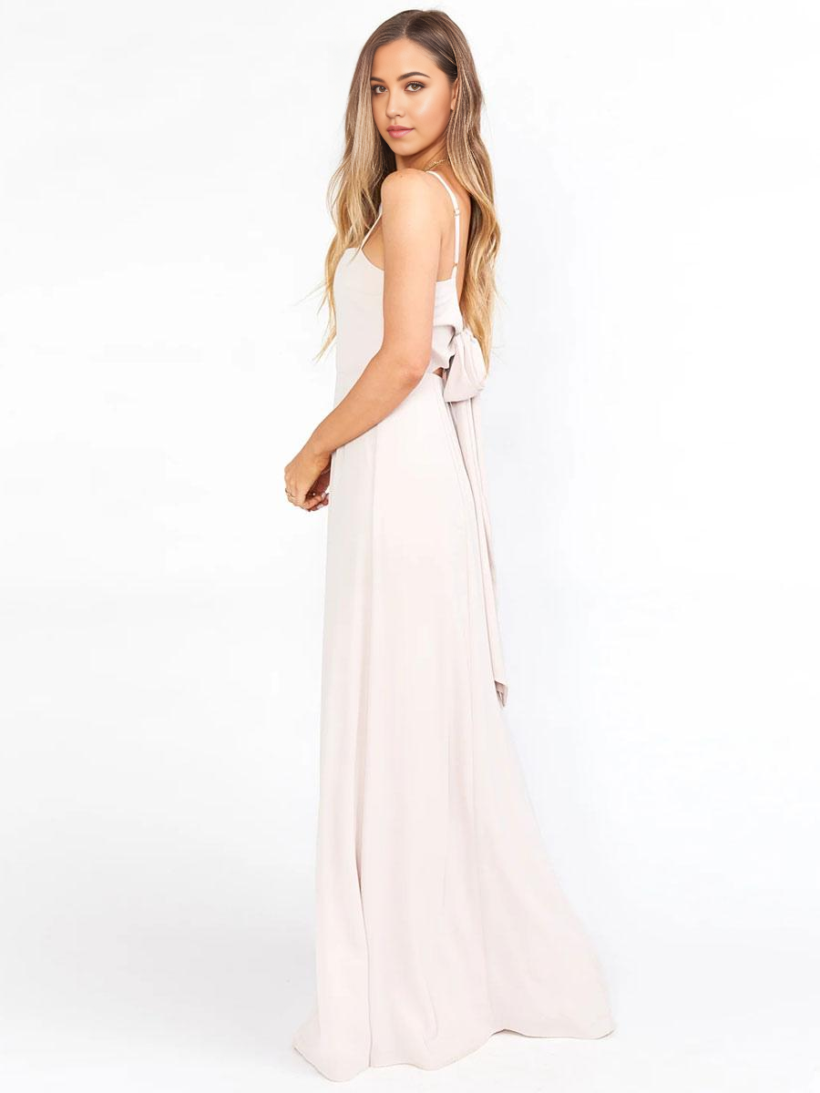 Side profile of V-neck A-line gown.