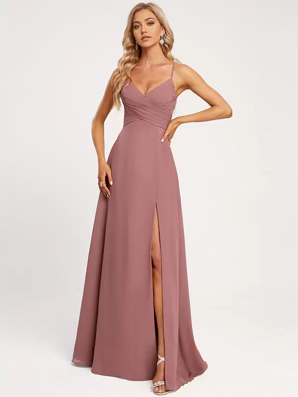 Elegant A-line chiffon bridesmaid dress with lace-up back.