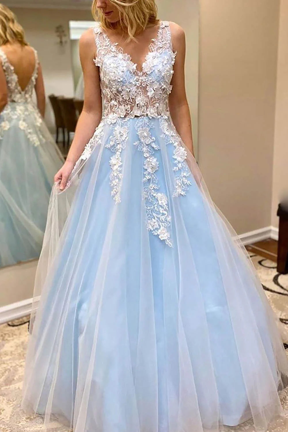 Side profile of a model wearing the A-line V-neck long prom dress, highlighting the silhouette.