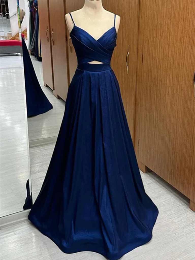 Elegant A-line V-neck satin long prom dress.