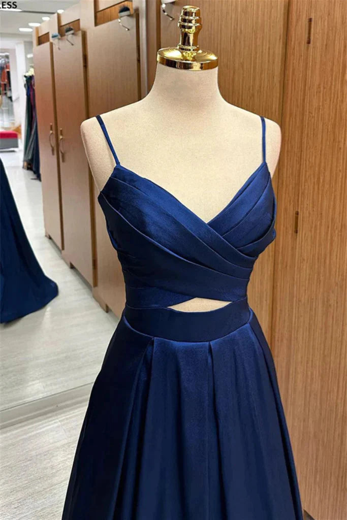 Graceful A-line V-neck satin long formal gown.