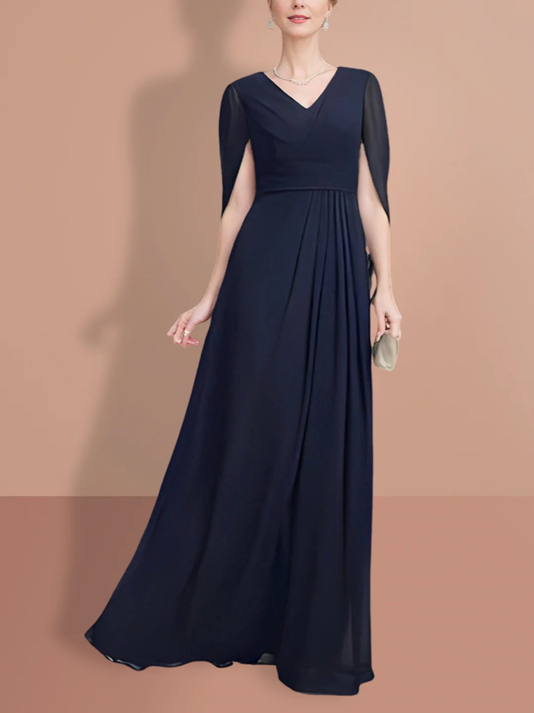 Elegant A-Line V-Neck long sleeve Mother of the Bride dress.