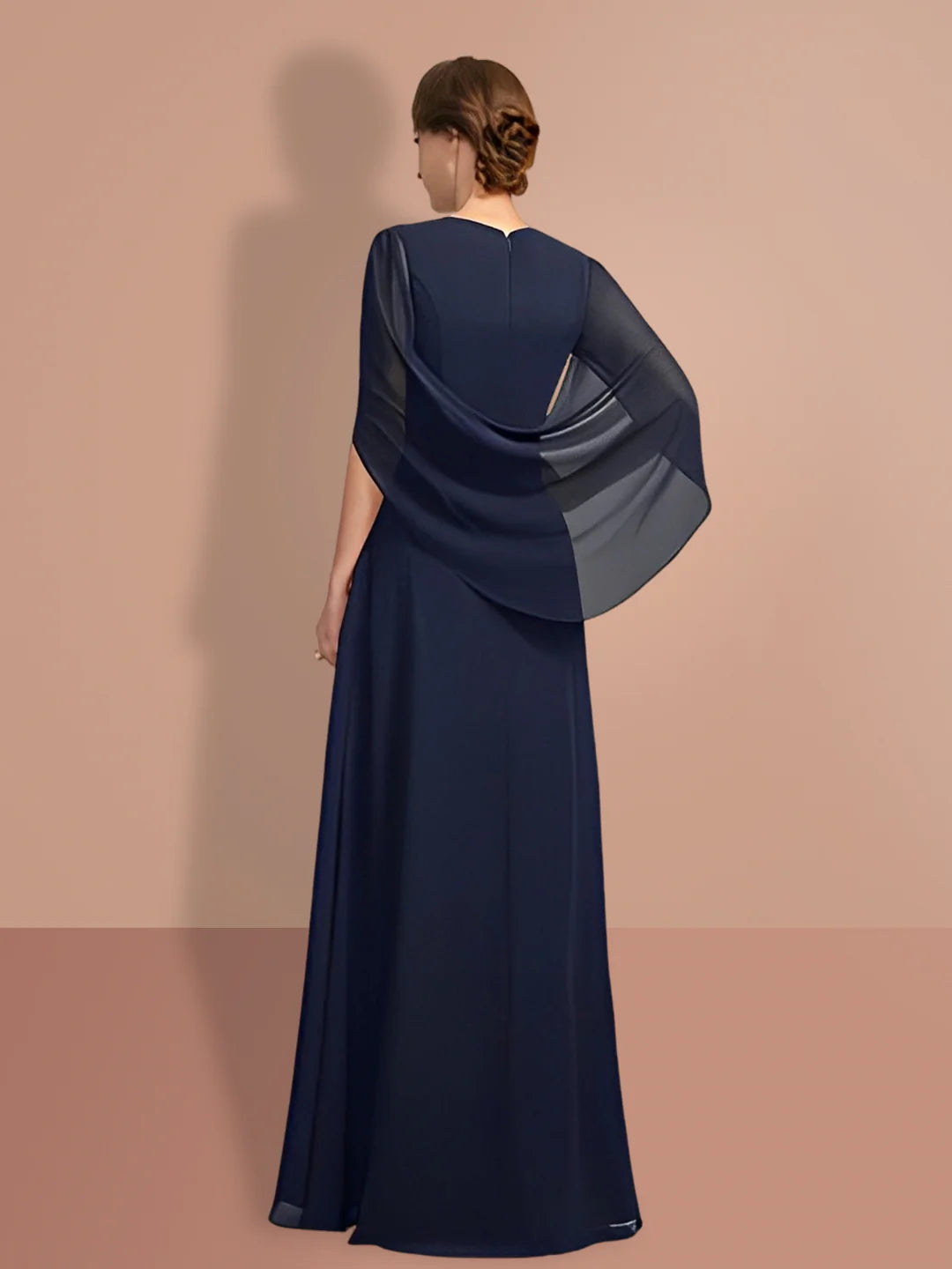 Rear view of a woman in a sophisticated A-line V-neck long sleeve formal dress.