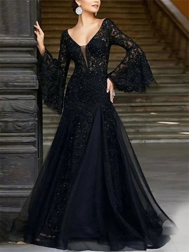 Elegant A-line V-neck long sleeve evening gown with appliques.