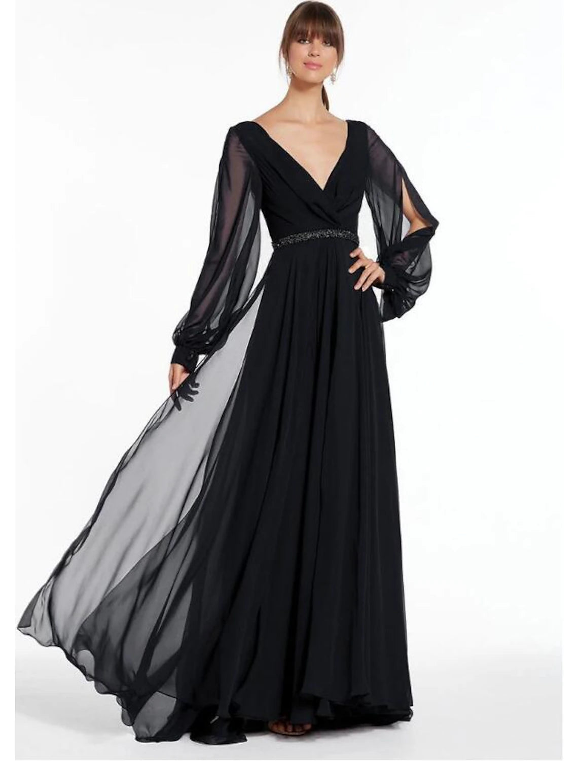 Elegant A-Line evening gown with V-neck and long sleeves.