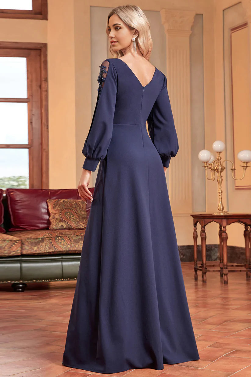 Back view of the A-line mother of the bride dress showing intricate beading details.
