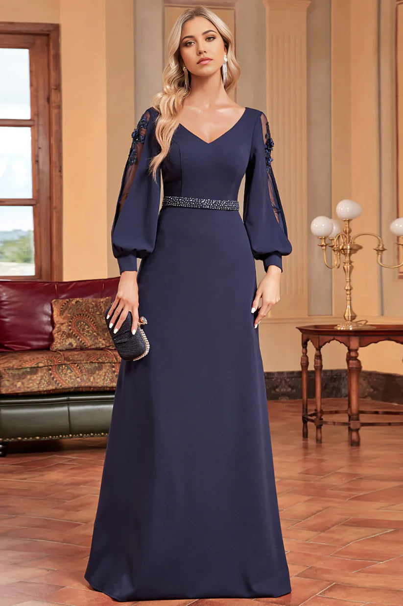 Side view of the long sleeve A-line gown, highlighting the silhouette.