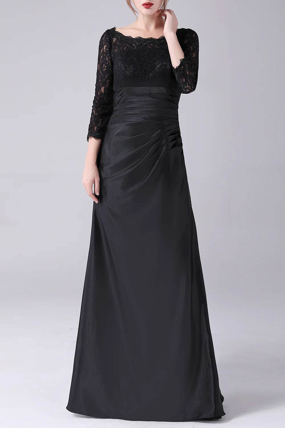Elegant black A-line V-neck long sleeve mother of the bride dress.